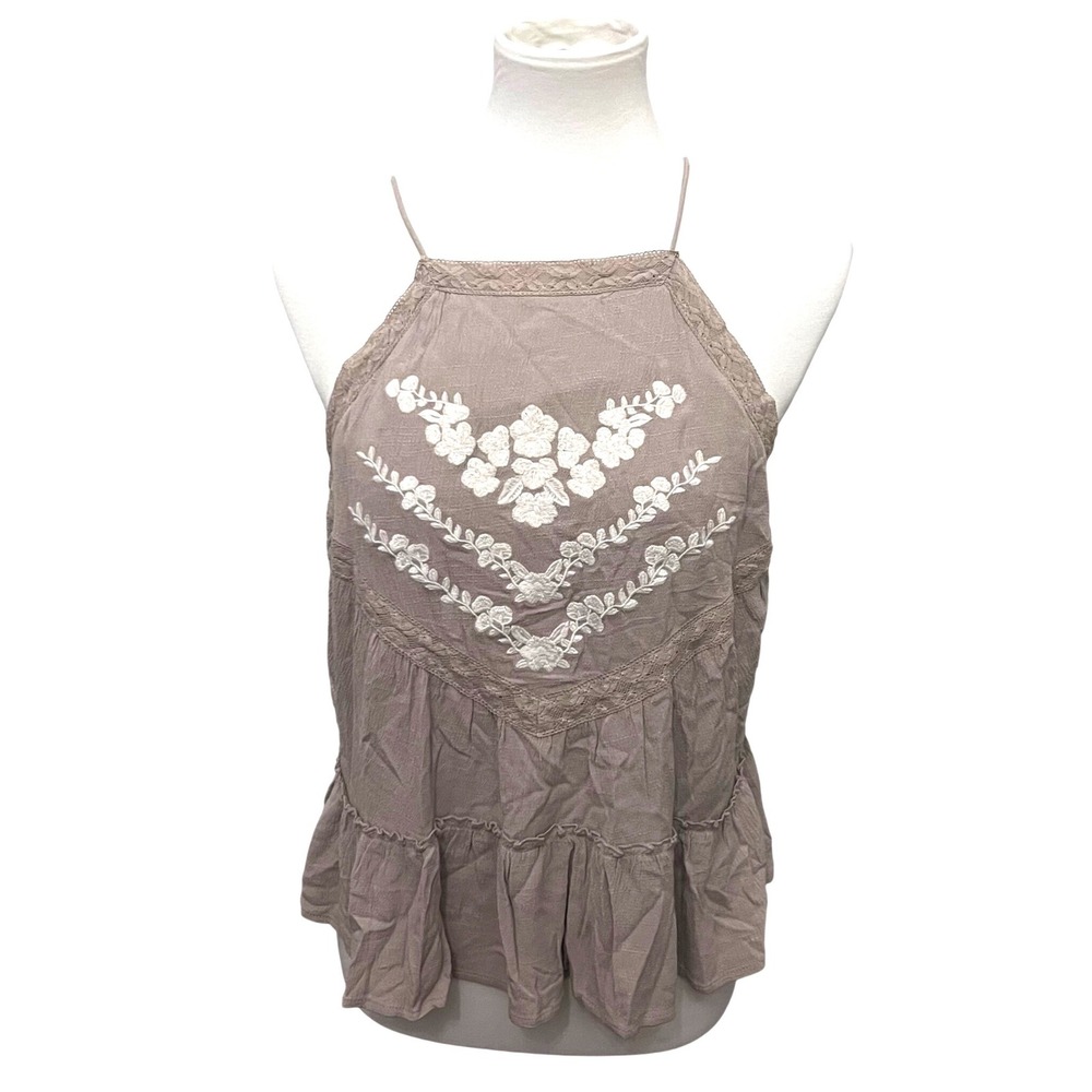 Ivy May Boho‎ Beach Flowy Beige Floral Embroidered Lace Trim Halter Peplum NWT M
